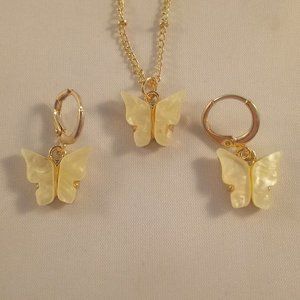 Gold Plated Yellow Opal Resin Butterfly Earrings Pendant Necklace Set Party Gift